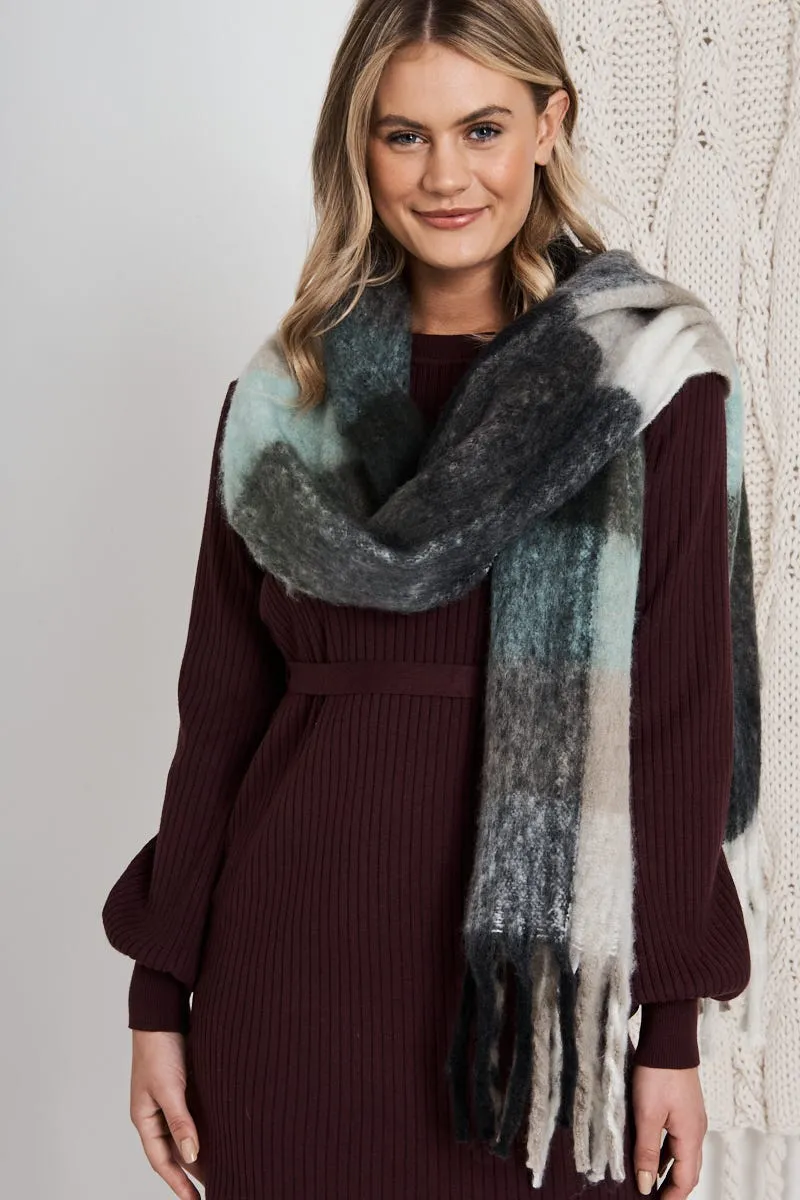 august + delilah Brooklyn Oversized Knit Scarf in Green and Grey Checkerprint