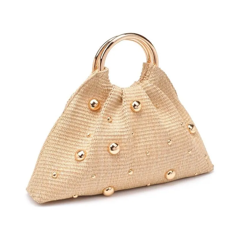 Bellie Gold Bead Detail & Handle Straw Clutch Handbag
