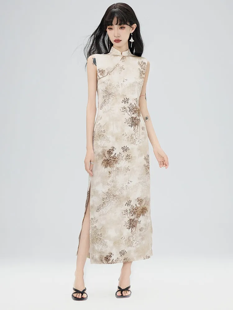 China Bamboo Mao-Collar No-Sleeve Long Dress