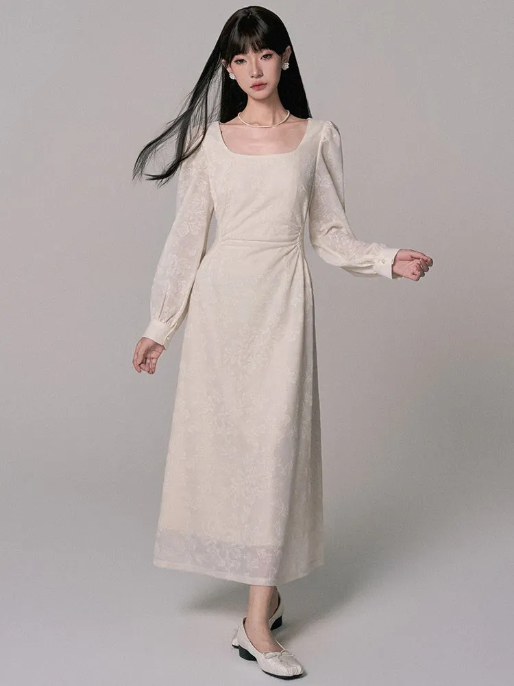 Embroidery Flower Balloon-Sleeve Long Lace Chic Dress
