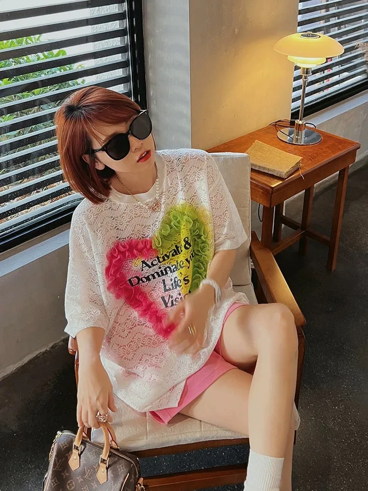 European large version summer lace lace hollow T-shirt women's short-sleeved mid-length loose design top thin section