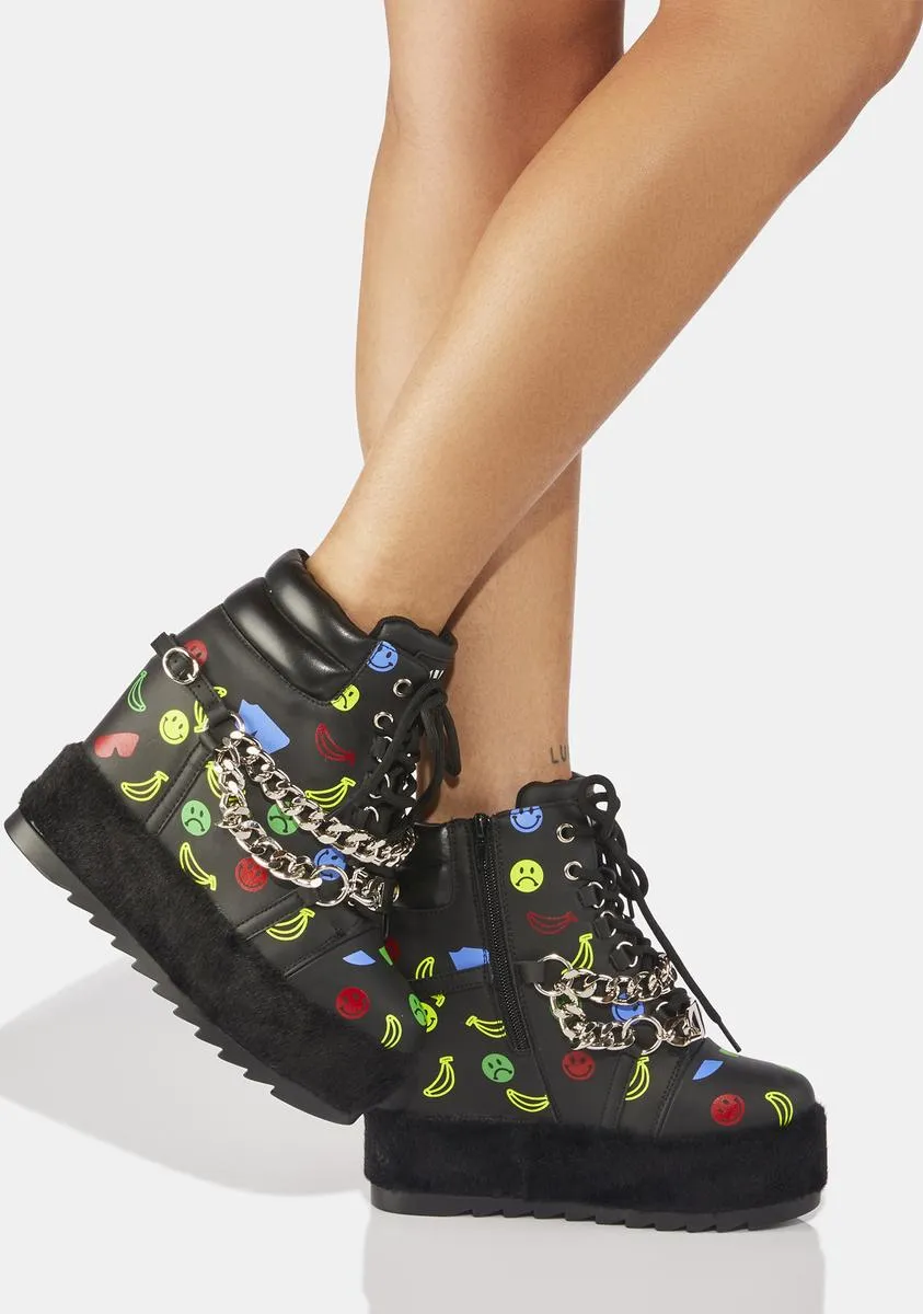 Frowny Fruits Printed Wedge Sneakers-