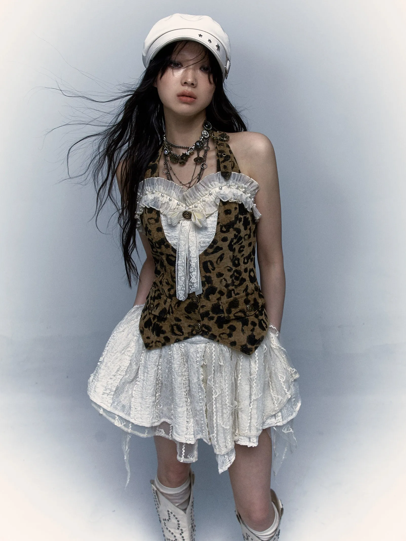 Leopard Print Splicing Irregular Fake Two-piece Halter Neck Dress