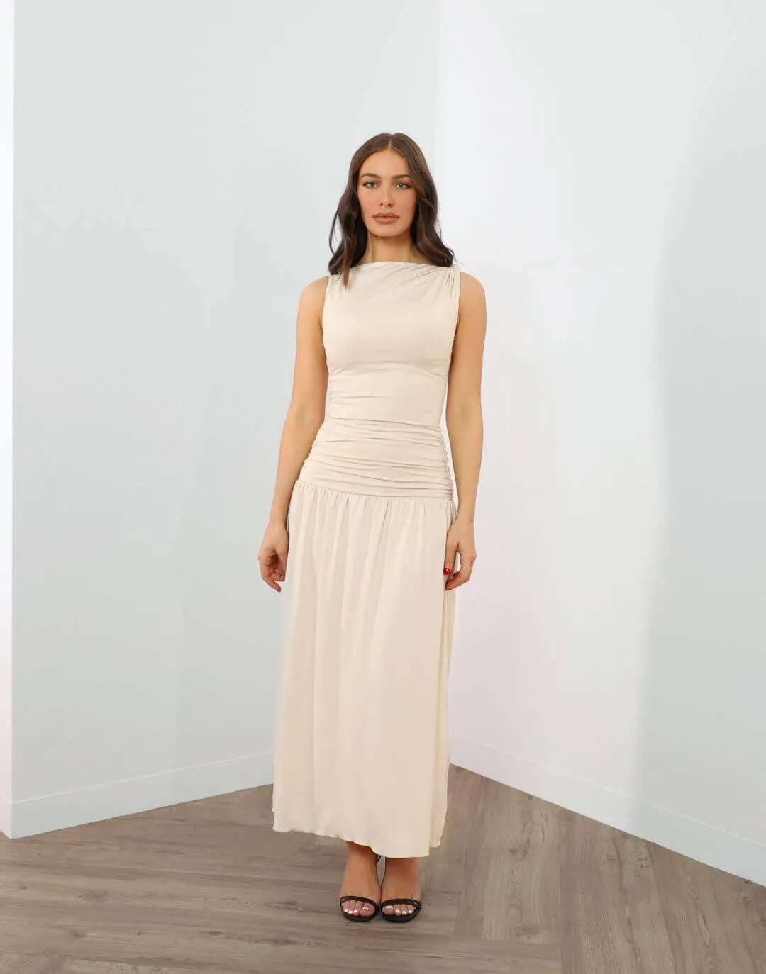 Miles Skirt - Mid Waist Ruched Maxi Skirt - Beige