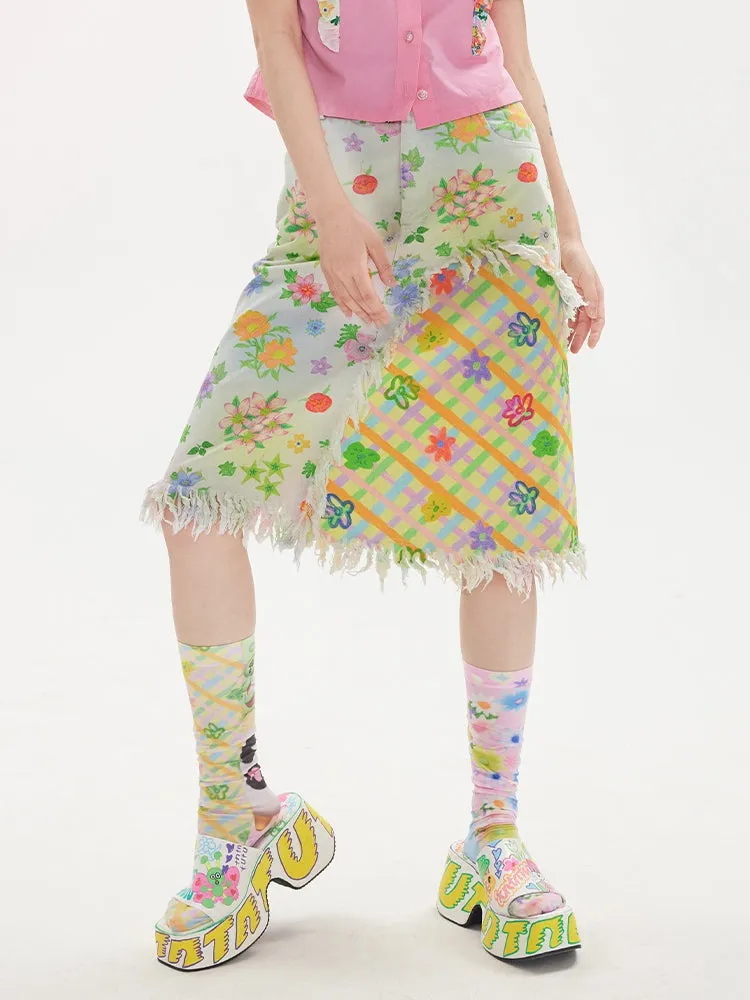 Stitching Flower Plaid A-line Printed Skirt