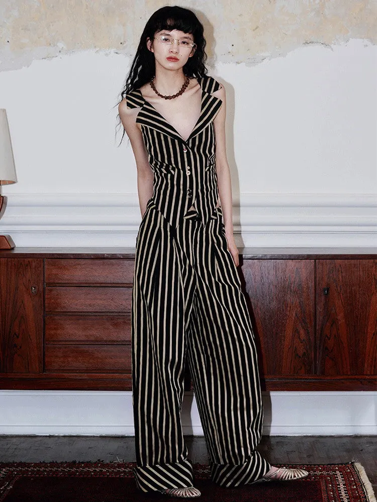 Stripe Casual Roll-Up Straight Wide-Pants