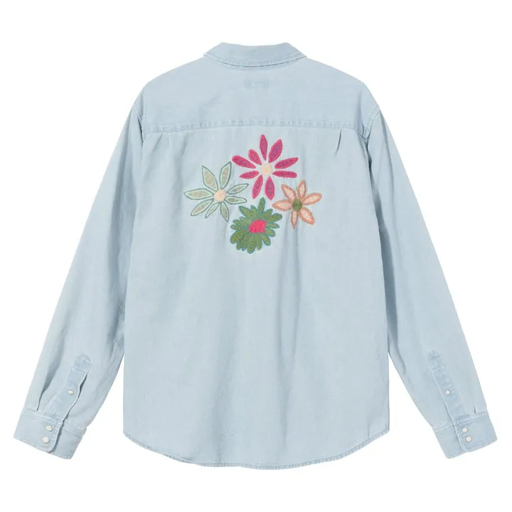 STSSY FLOWER EMBROIDERED DENIM LS SHIRT // LIGHT BLUE