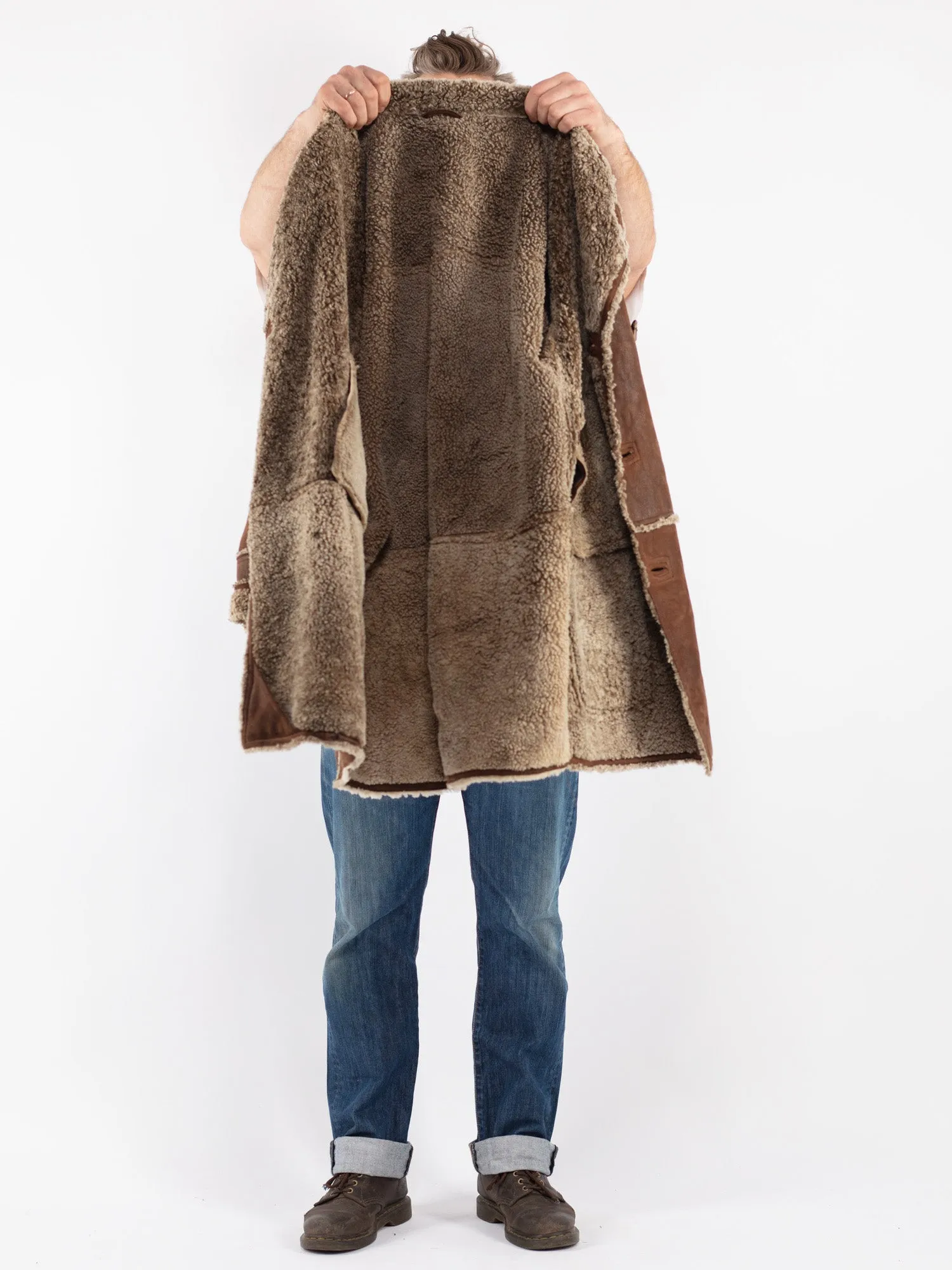 Vintage 80's Men Sheepskin Shearling Coat in Brown