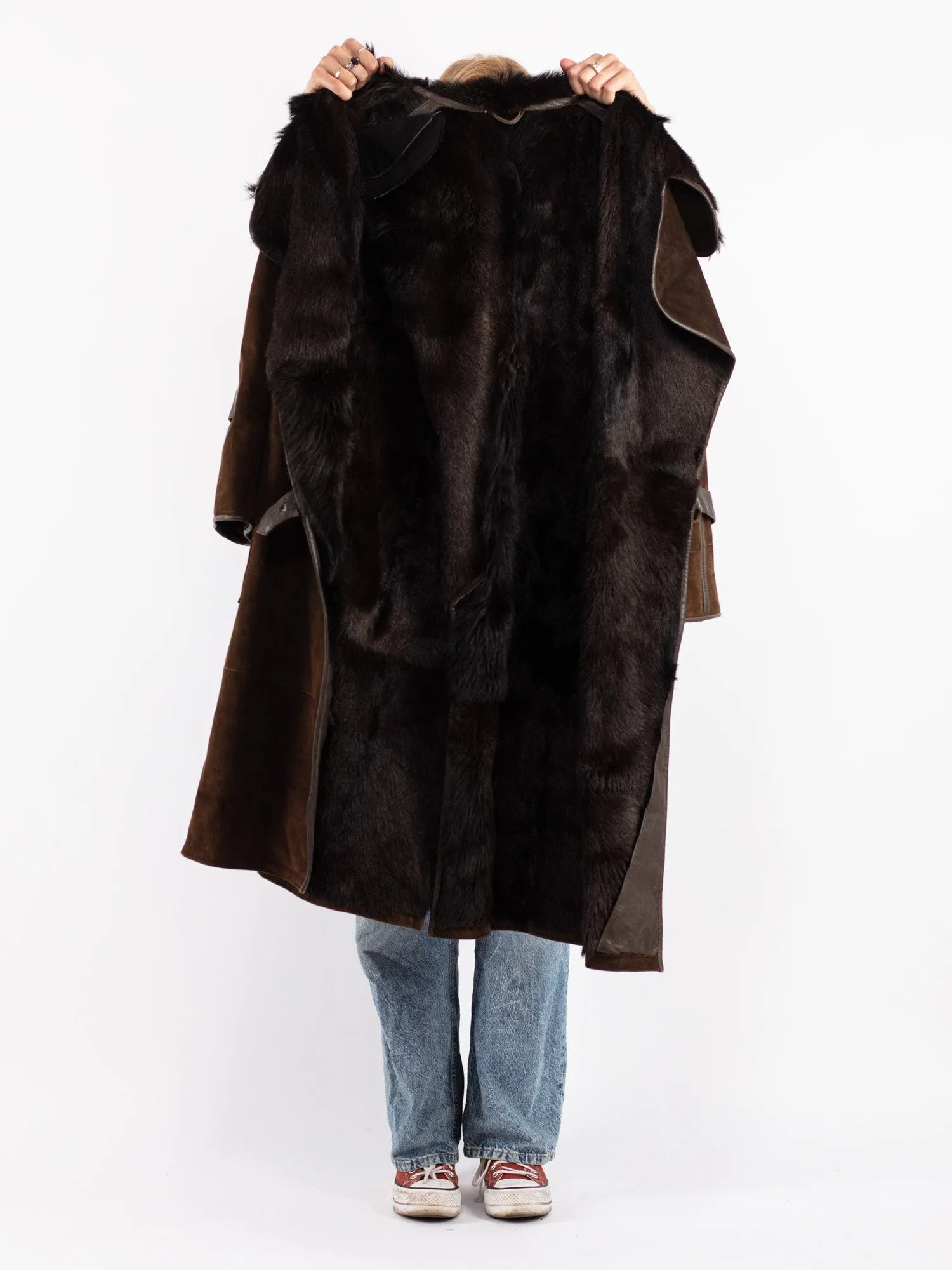 Vintage 80's Women Suede Fur Coat in Brown
